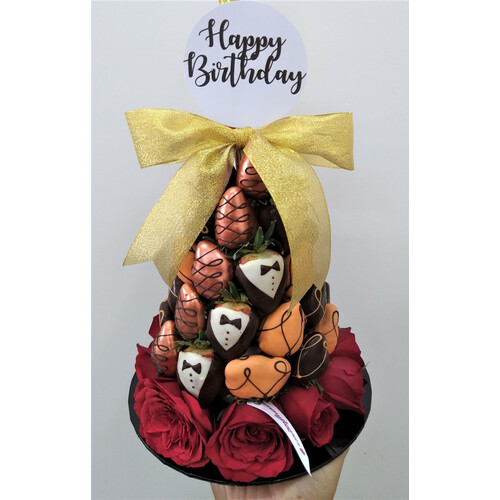 Tuxedo x Black, Orange & Bronze Chocolate Strawberry Rose Tower